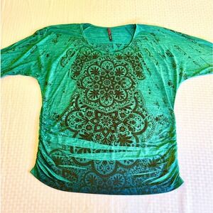 Judith Teal Mandala Boho Dolman Ruched Side Blouse Top 1X 11131X